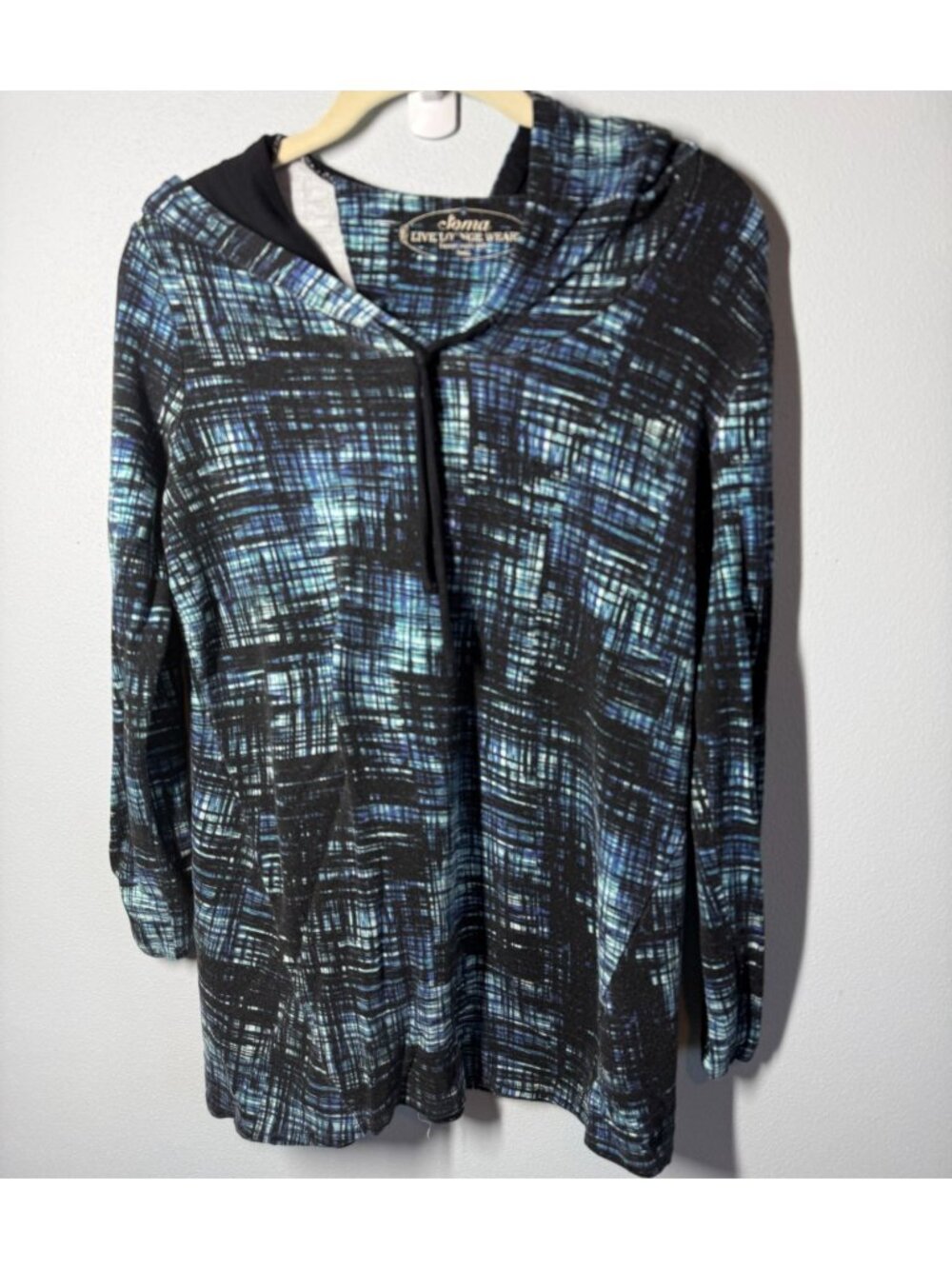 Soma Womens Small Blue Geometricl Lounge Hoodie Stretch Soft Cozy Casual